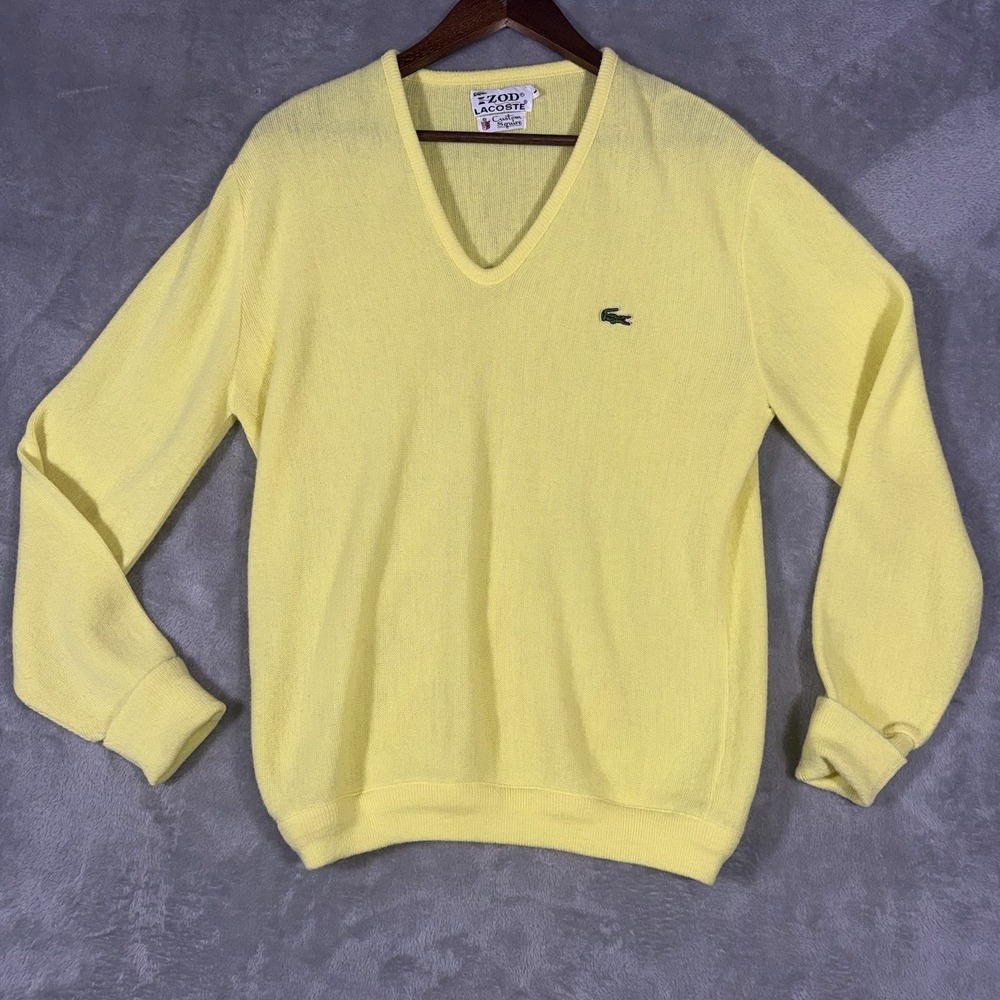Vintage Izod Lacoste Sweater Men's Large Yellow V-Neck Orlon Acrylic Knit USA